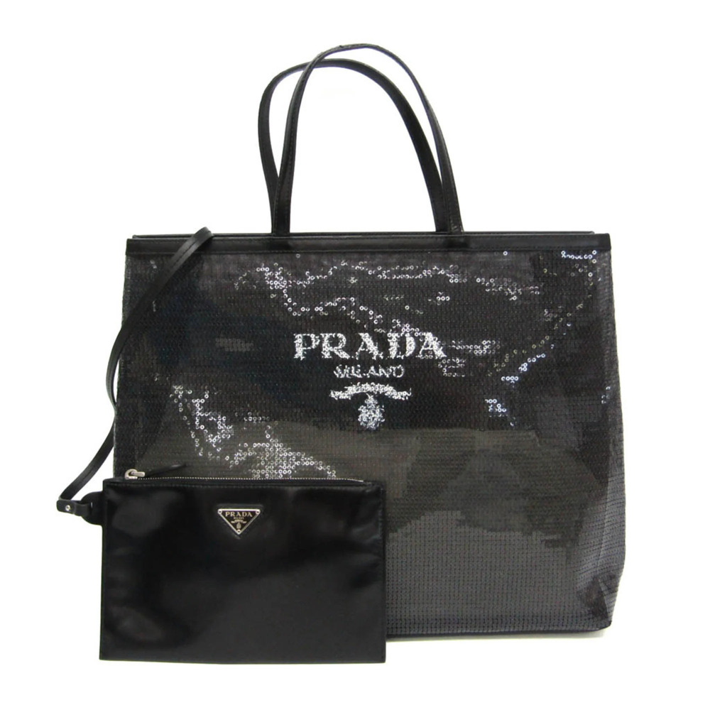 Prada RETE PAILLETTES 1BG416 Women's Mesh,Spangles Handbag,Tote Bag Black